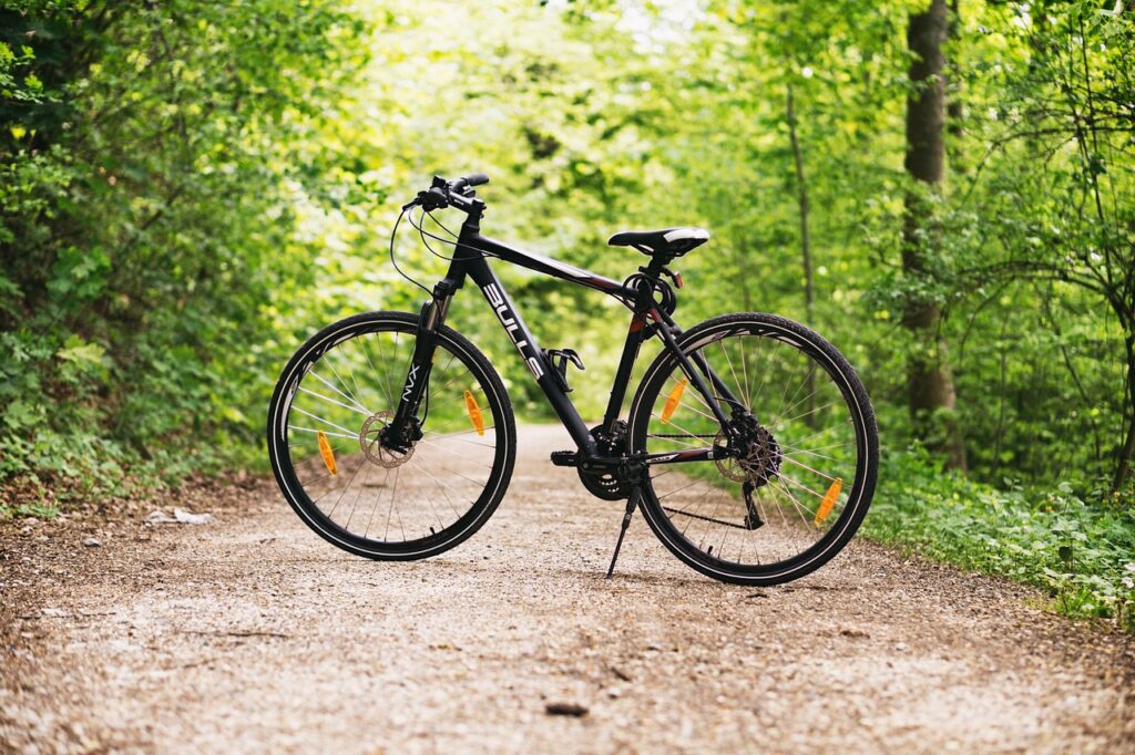 Na poľnej cestičke v lese stojí čierny bicykel